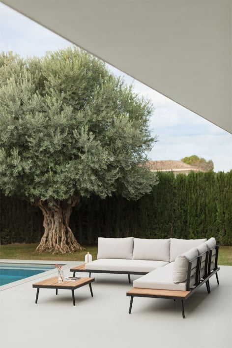 Kalen garden set with 4-seat corner sofa and aluminum and acacia wood coffee table