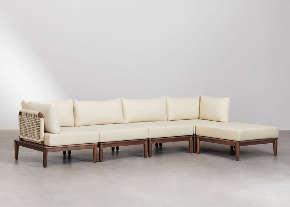 4 Piece Modular Garden Sofa with 2 Corner Armchairs and Puff in Acacia Wood Giulia