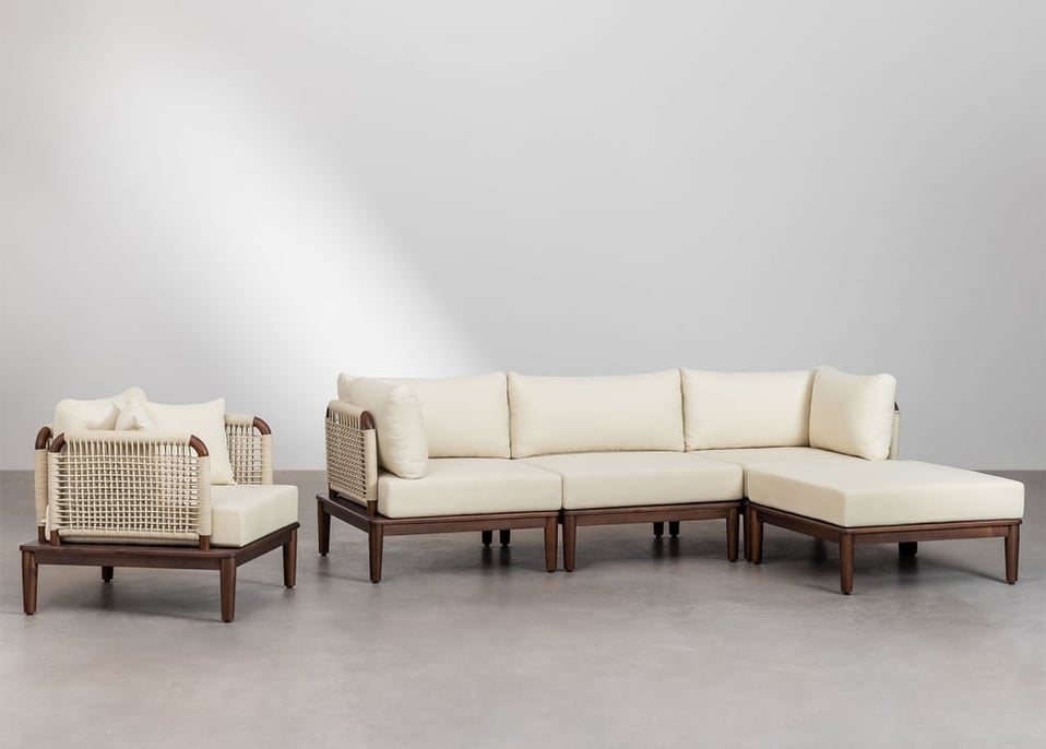 3-piece modular sofa garden set with 2 corner armchairs, pouf, and armchair in acacia Giulia