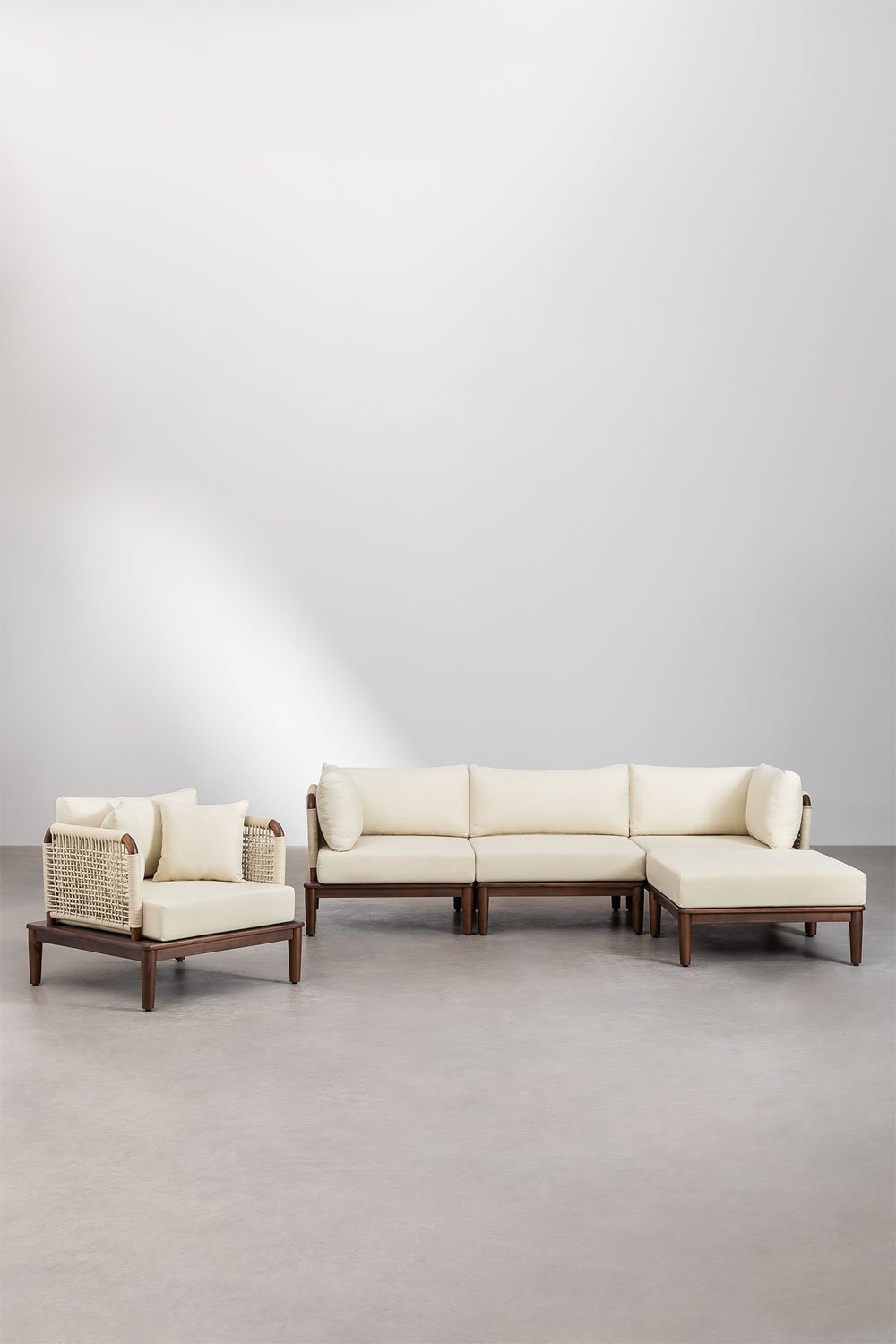 3-Piece Modular Garden Sofa with 2 Corner Armchairs, Pouffe and Armchair in Acacia Wood Giulia, gallery image 2