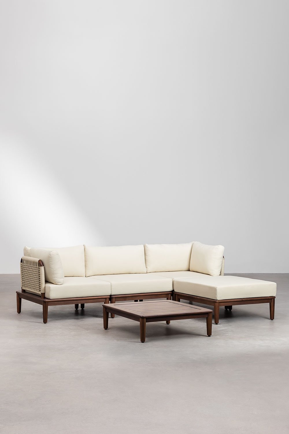 3 Piece Modular Sofa with 2 Corner Armchairs, Coffee Table and Puff in Acacia Wood Brayan, gallery image 1