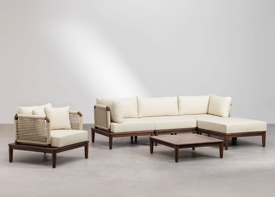 Giulia Acacia 3-piece modular sofa set with two corner armchairs, a pouf, an armchair, and a coffee table