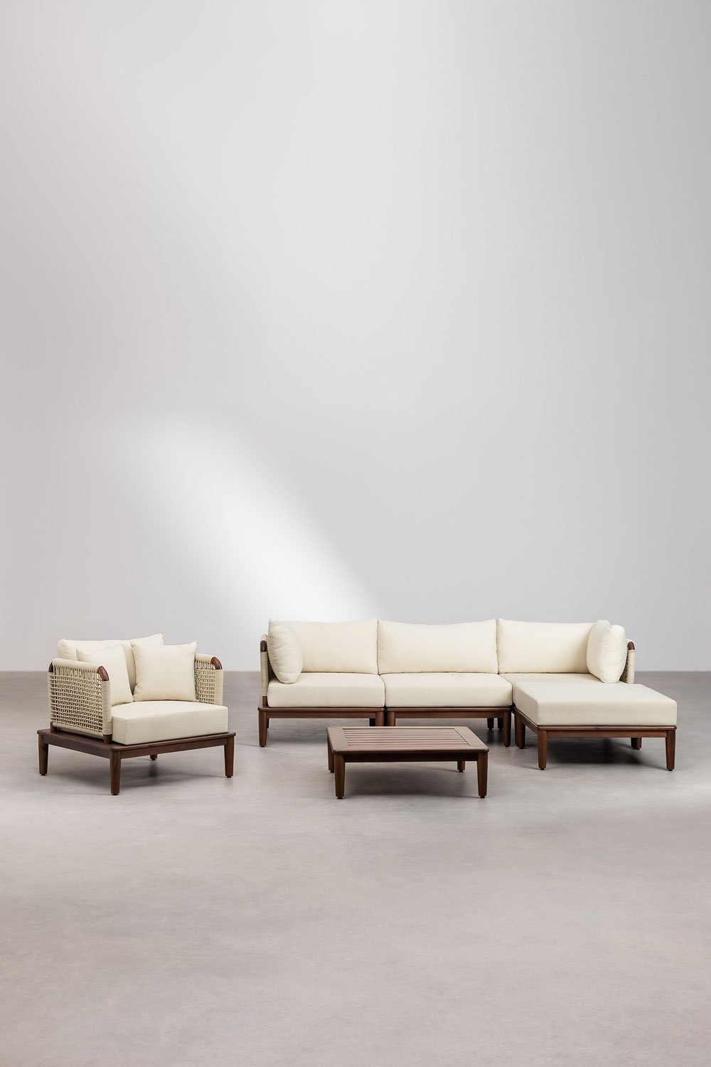 3-Piece Modular Garden Sofa with 2 Corner Armchairs, Puff, Armchair and Coffee Table in Acacia Wood Giulia, gallery image 2