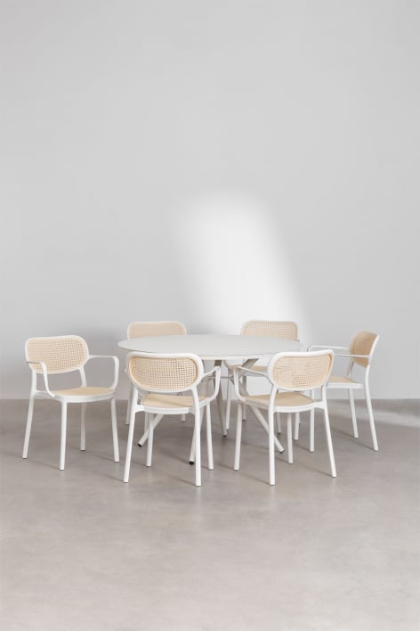 Set of Round Aluminum Table (Ø126 cm) Valerie and 6 Garden Chairs with Armrests Omara