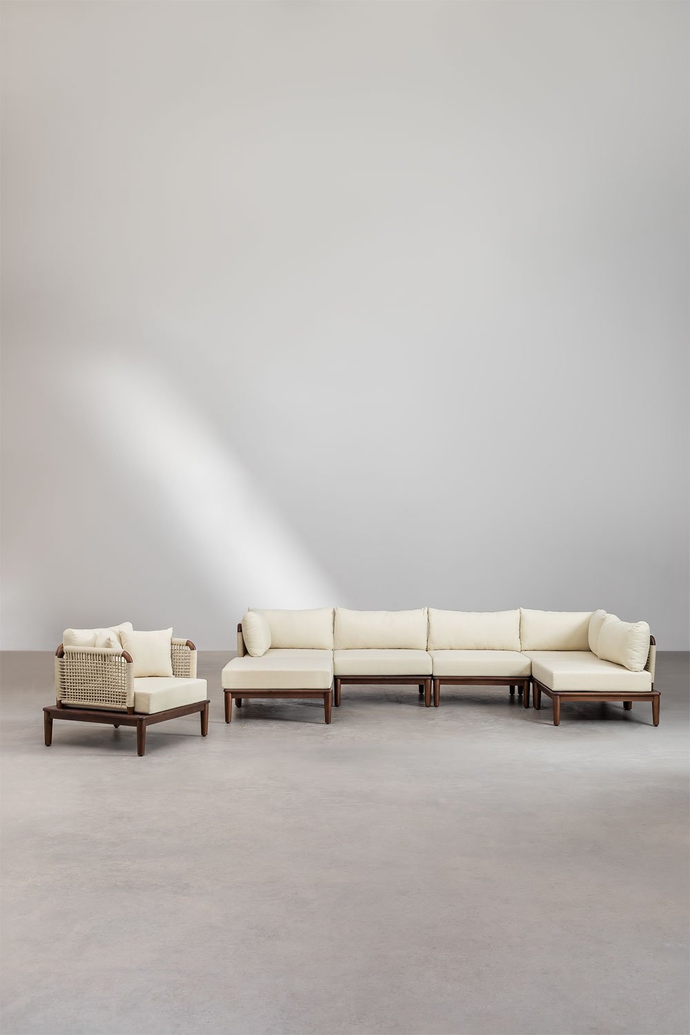 Giulia 5-piece corner modular sofa garden set with pouf and armchair in acacia, gallery image 4