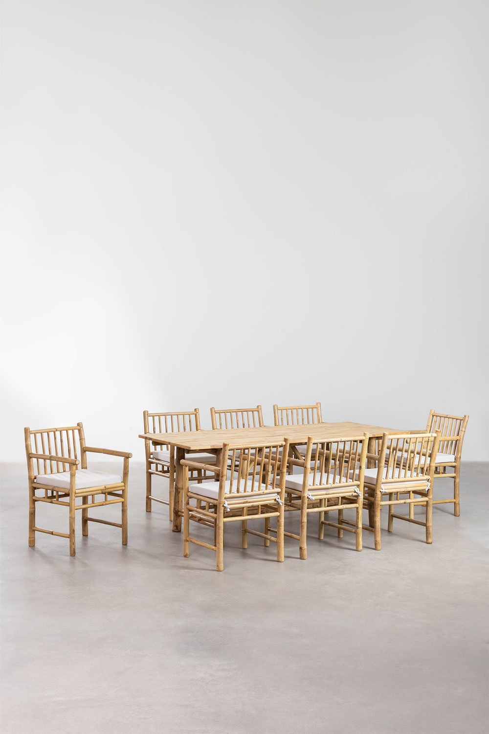 Rectangular table set (200x80 cm) and 8 garden chairs with armrests in Senia bamboo, gallery image 2