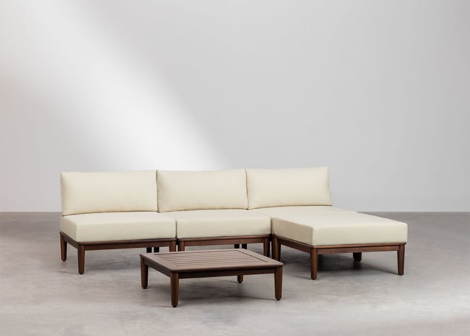 3-Piece Modular Garden Sofa with Coffee Table and Puff in Acacia Wood Giulia