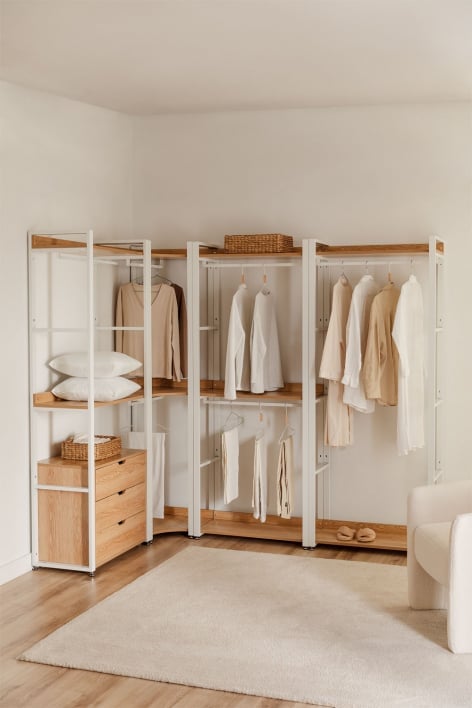 4-Piece Modular Open Corner Wardrobe in Steel and Wood Ariaster - NATURAL