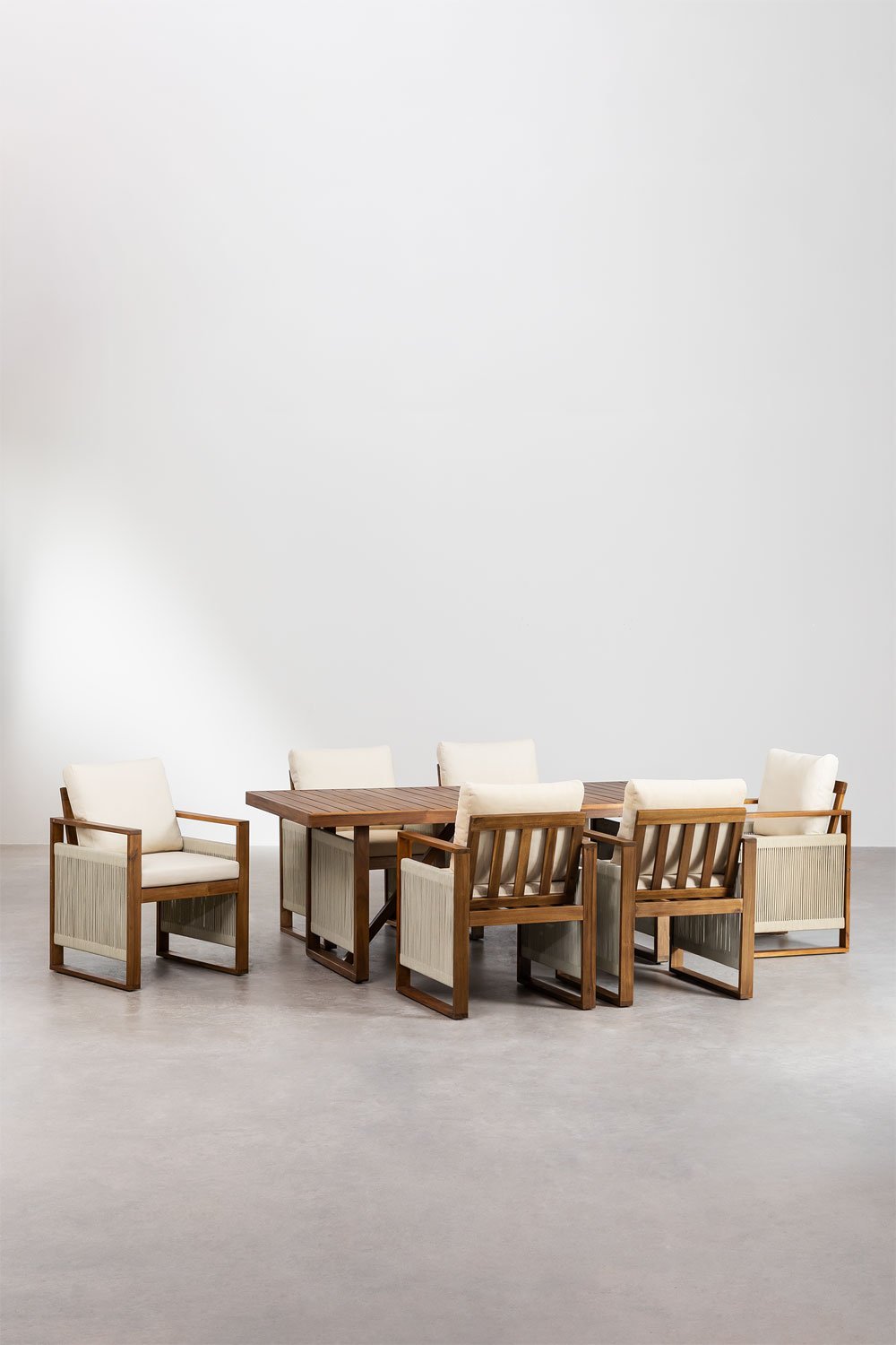 Rectangular Table Set (200x100 cm) and 6 Dining Chairs with Armrests in Acacia Wood Nayely, gallery image 2