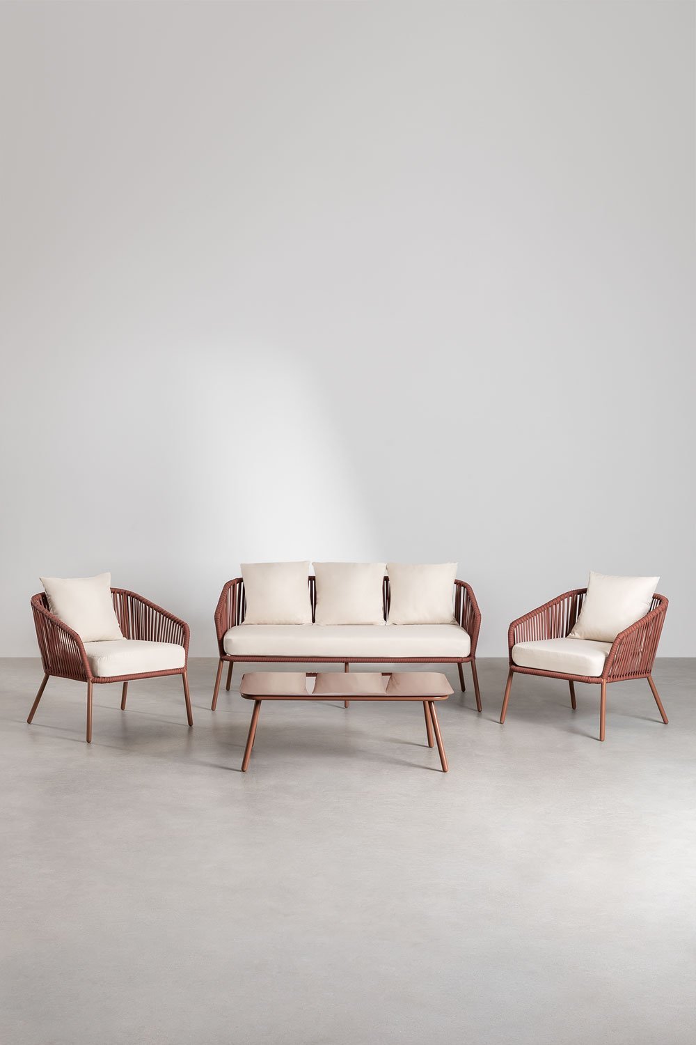 Garden set with 2-seater sofa, 2 armchairs and coffee tables in aluminium and braided rope Arhiza, gallery image 2