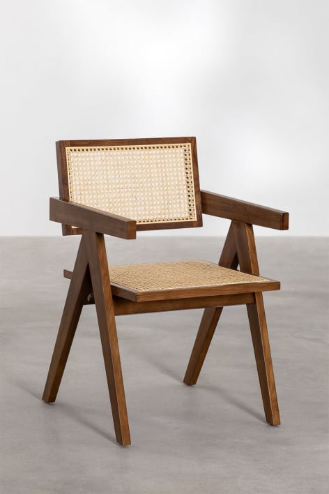 Dining Chair with Armrests in Ash Wood and Rattan Lali Style
