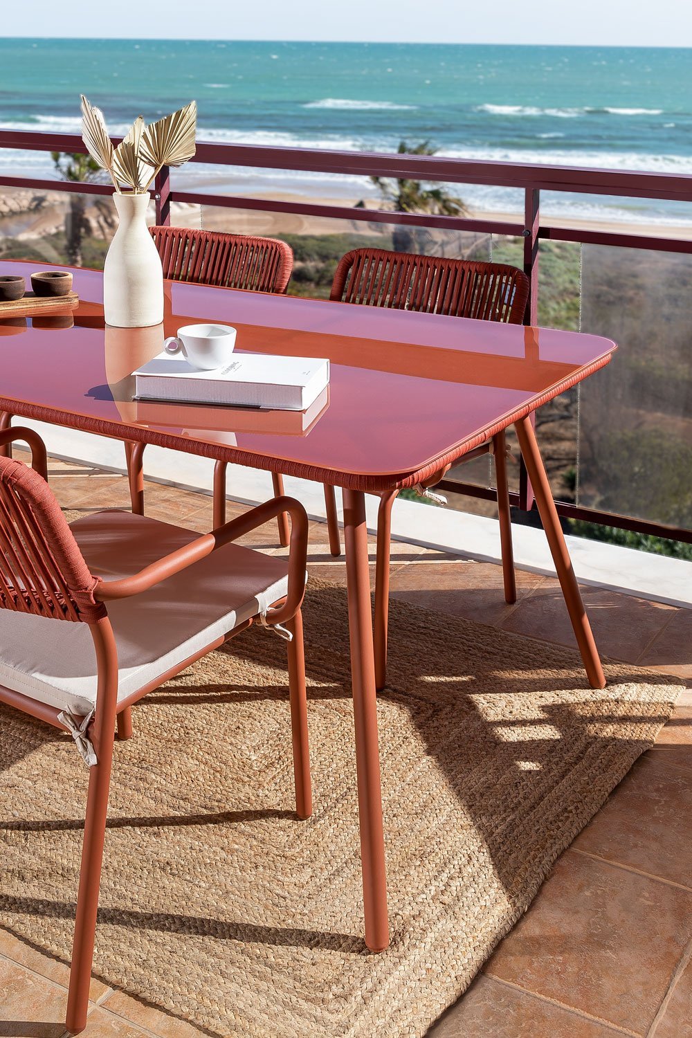 Arhiza rectangular table set, 160 x 90 cm, and 4 stackable aluminum garden chairs., gallery image 1