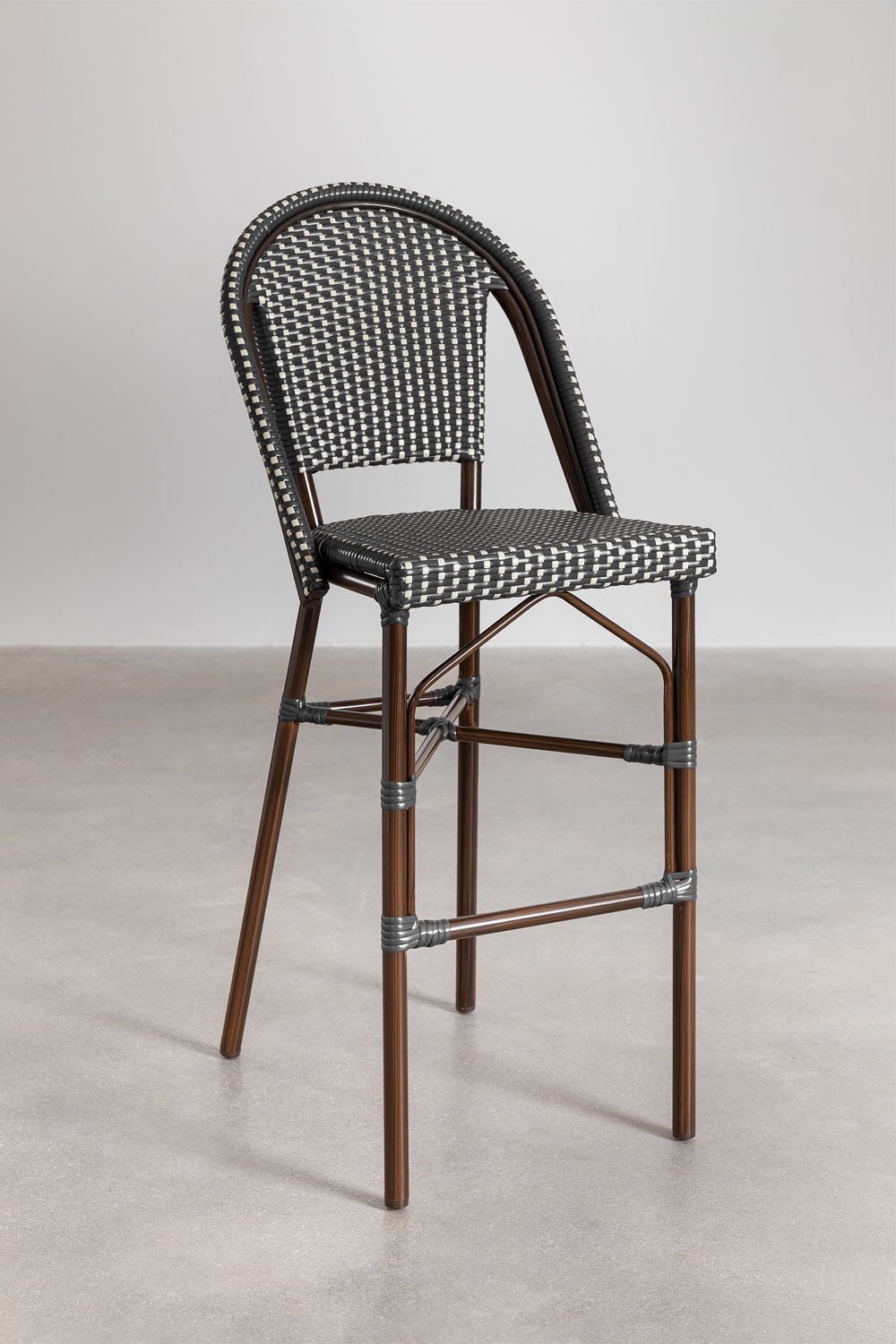 High Stool with Backrest in Aluminum and Synthetic Rattan Brielle Bistro, gallery image 1