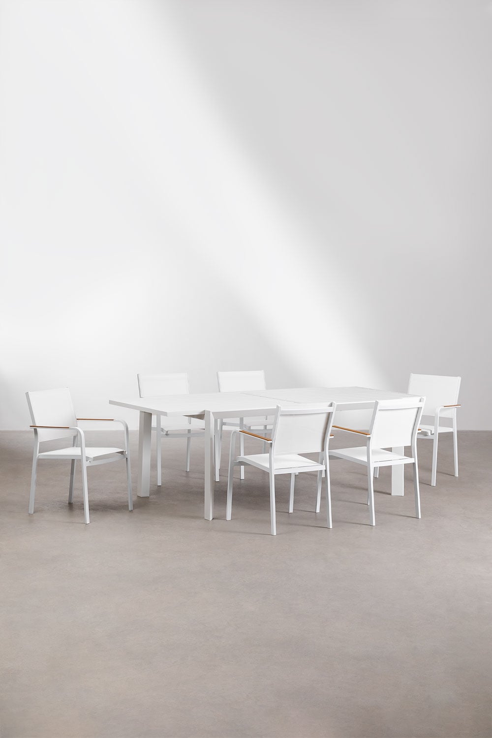 Rectangular table set 180x240-100 cm extendable Starmi and 6 stackable aluminum garden chairs Archer, gallery image 2