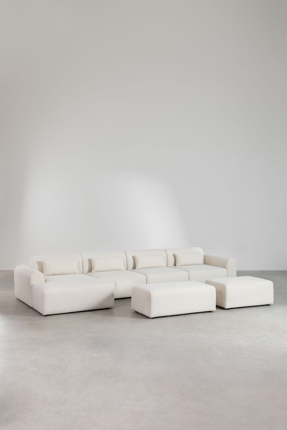 4-Piece Modular Chaise Longue Sofa with Right Corner and Pouffes in Borreguito Borjan, gallery image 1