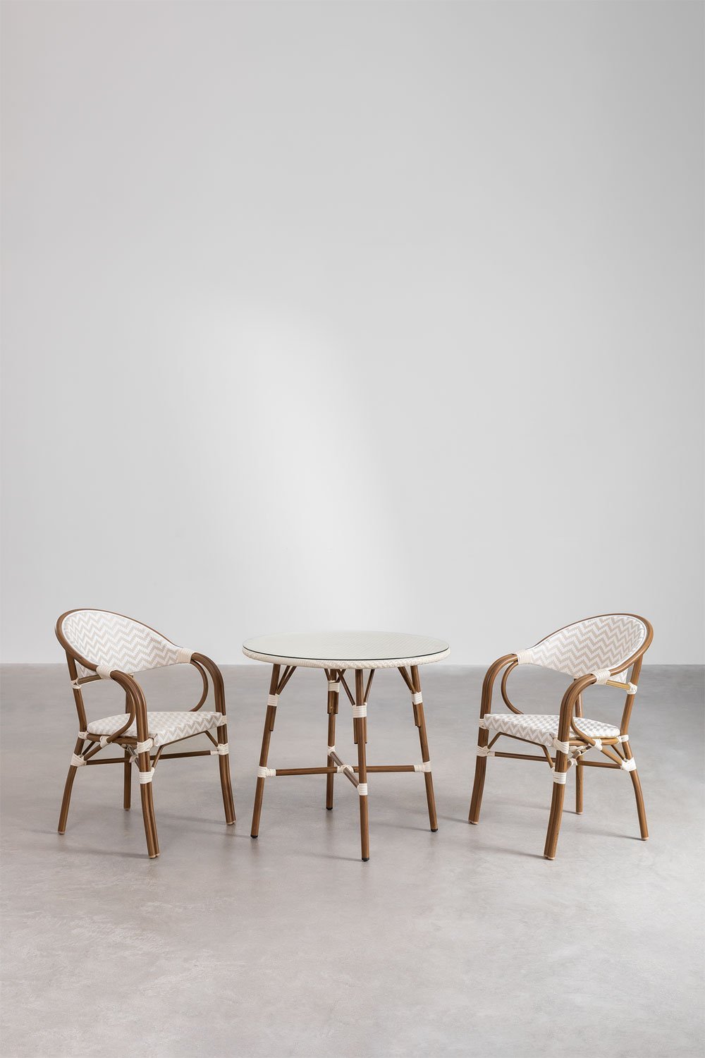 Set of Round Table (Ø80 cm) and 2 Stackable Garden Chairs with Armrests in Aluminum Brielle Bistro, gallery image 2