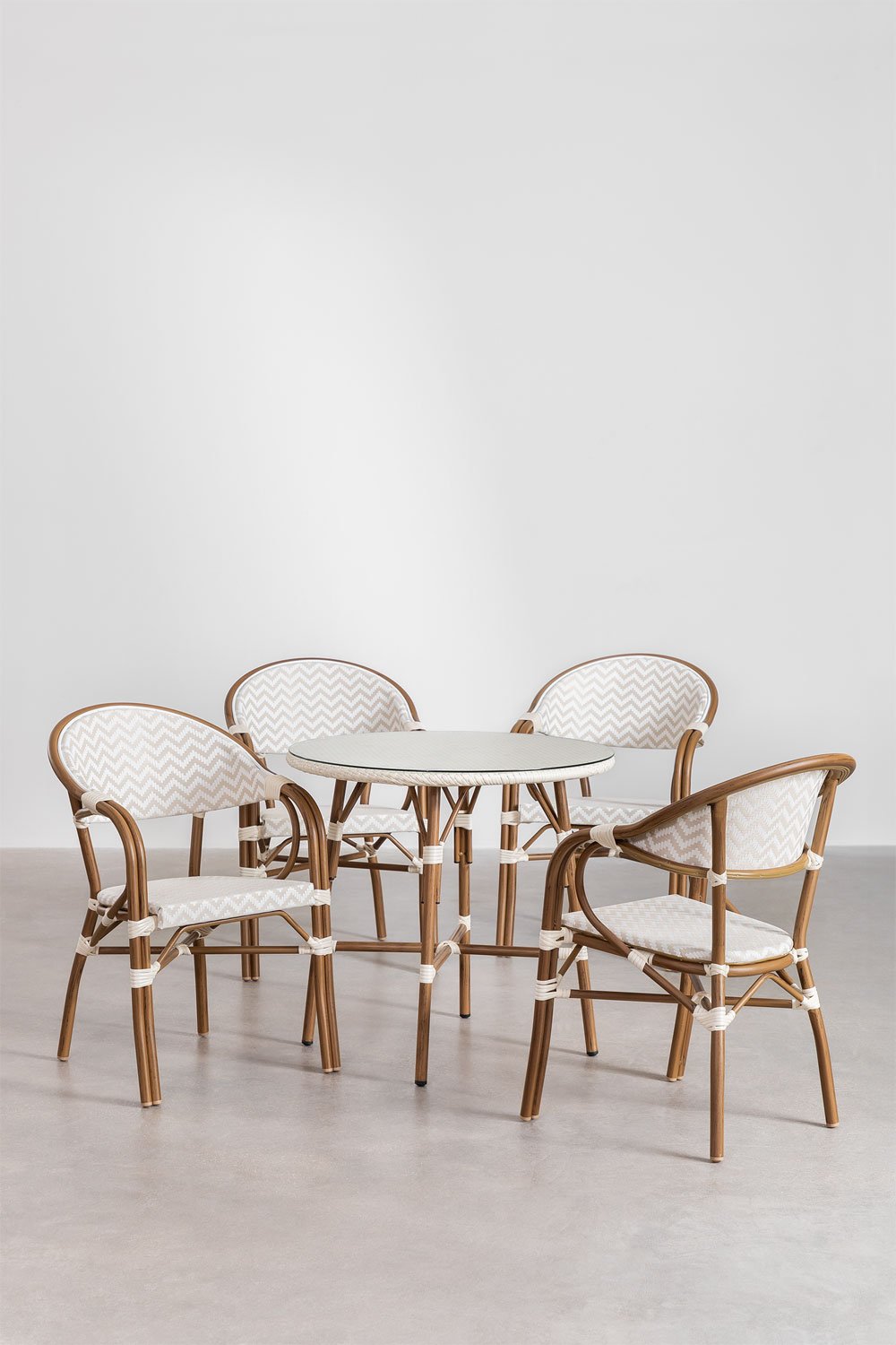 Set of Round Table (Ø80 cm) and 4 Stackable Garden Chairs with Armrests in Aluminum Brielle Bistro, gallery image 2