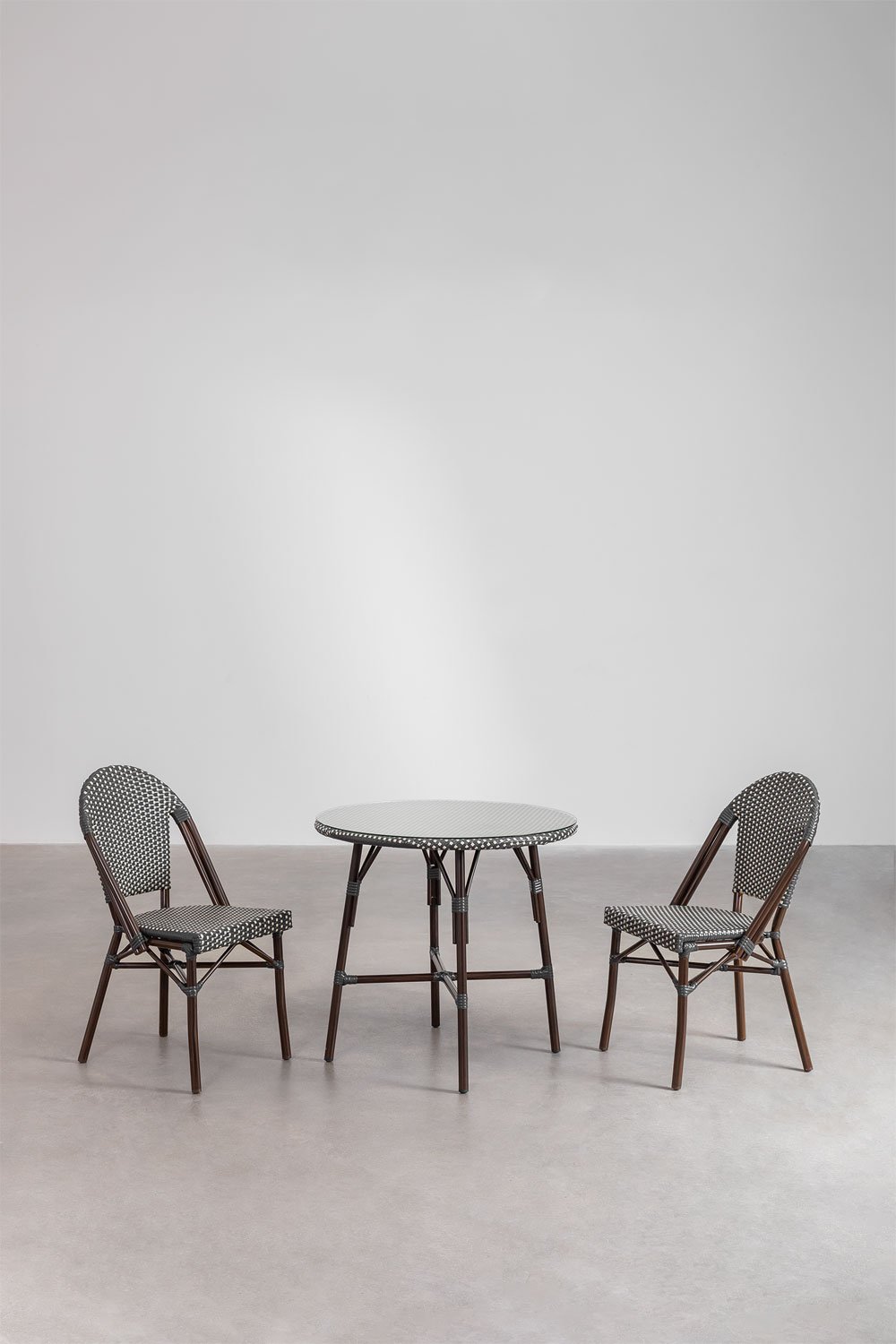 Set of Round Table (Ø80 cm) and 2 Stackable Dining Chairs in Aluminum and Synthetic Rattan Brielle Bistro, gallery image 2