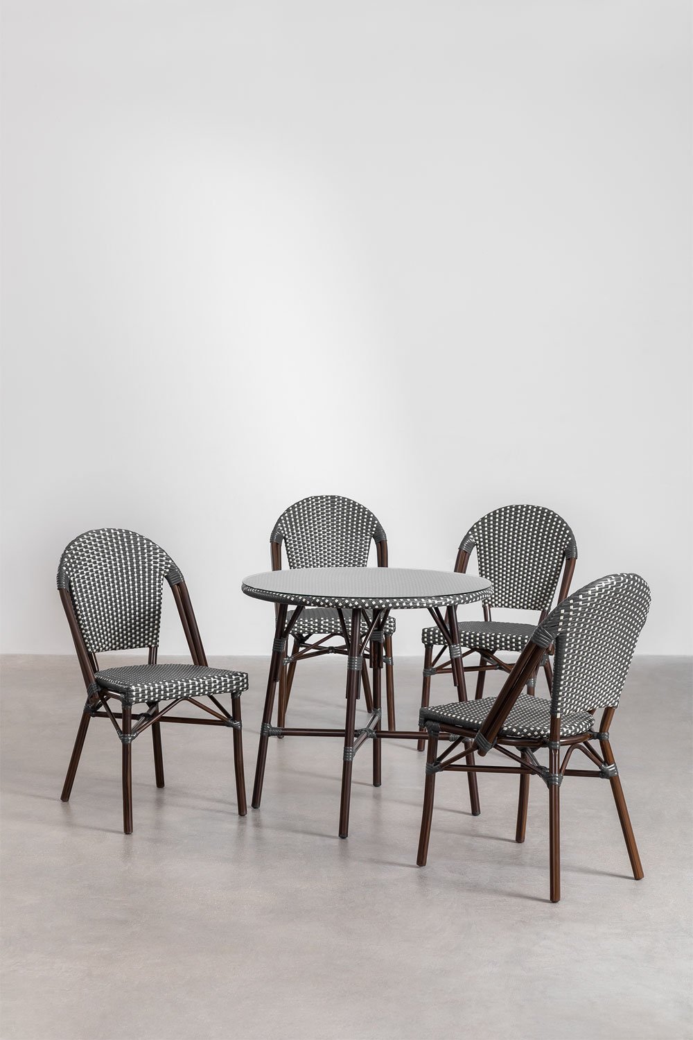 Set of Round Table (Ø80 cm) and 4 Stackable Dining Chairs in Aluminum and Synthetic Rattan Brielle Bistro, gallery image 1