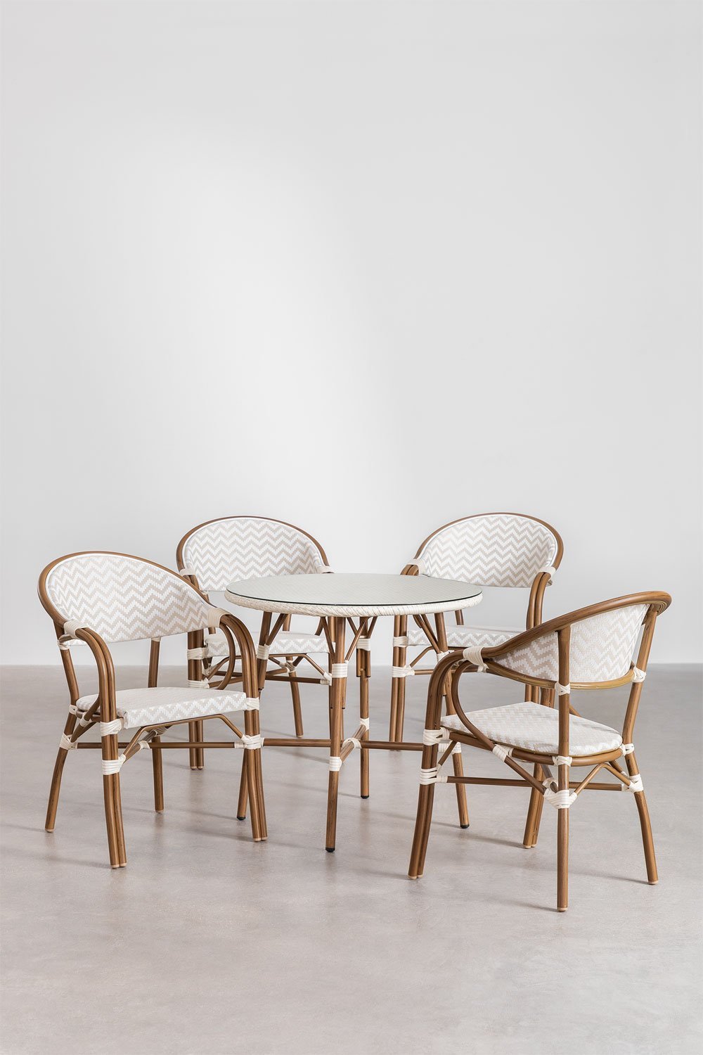 Set of Round Table (Ø80 cm) and 4 Stackable Dining Chairs with Armrests in Aluminum Brielle Bistro Design, gallery image 1