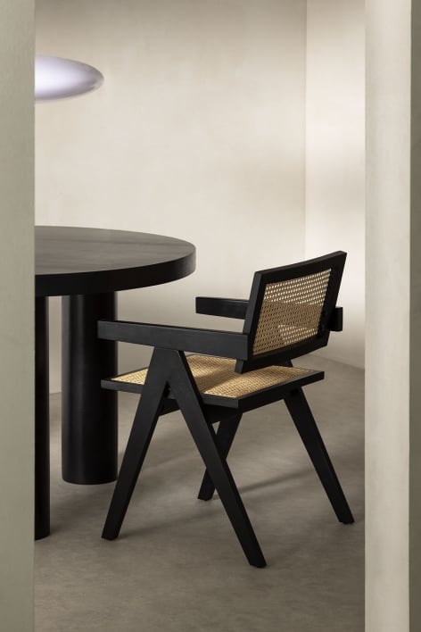 Dining Chair with Armrests in Ash Wood and Rattan Lali - Plain Black