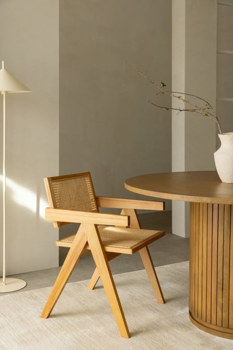 Dining Chair with Armrests in Ash Wood and Rattan Lali