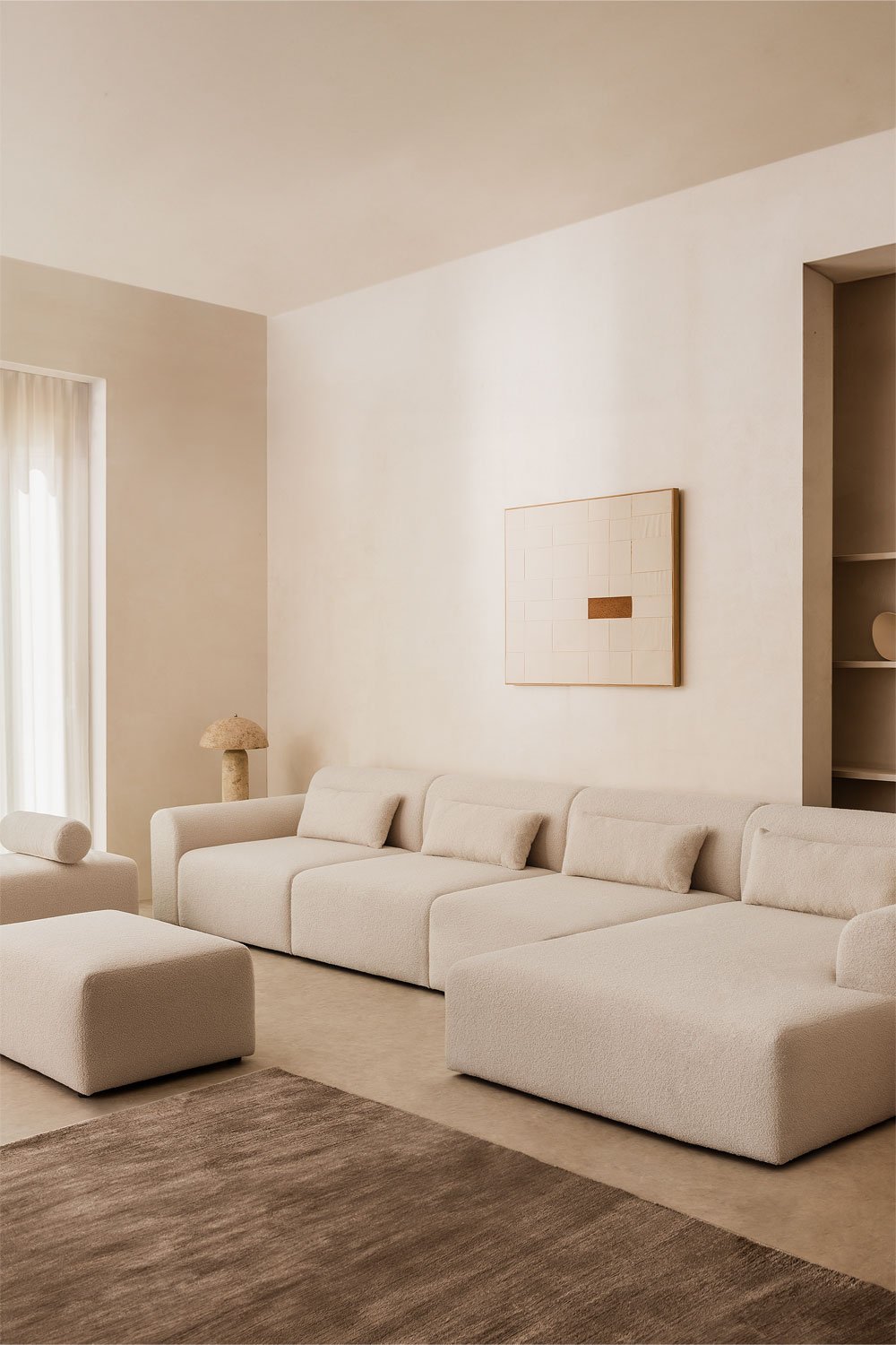 4-Piece Modular Chaise Longue Sofa with Left Corner and Pouffes in Borreguito Borjan, gallery image 1