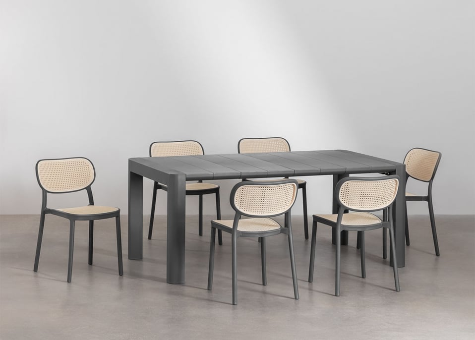 Arnadine Rectangular Table Set (180x100 cm) and 6 Omara Stackable Garden Chairs