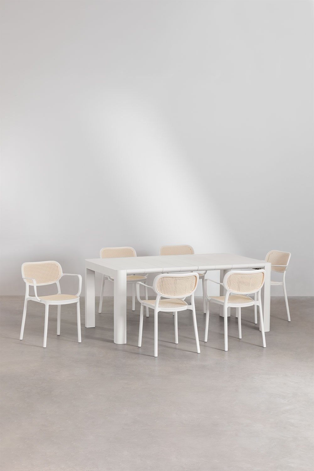 Arnadine Rectangular Table Set (180x100 cm) and 6 Stackable Dining Chairs with Omara Armrests, gallery image 1