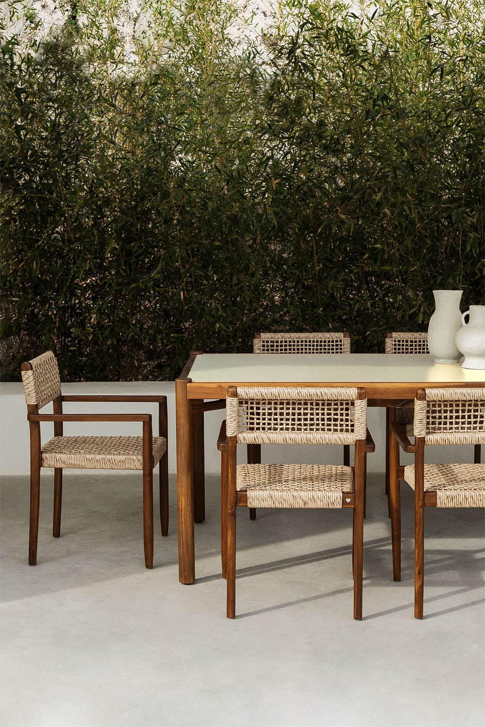 Gamila Rectangular Table Set (210x100 cm) and 8 Garden Chairs in Wood and Orebro Cement, gallery image 1