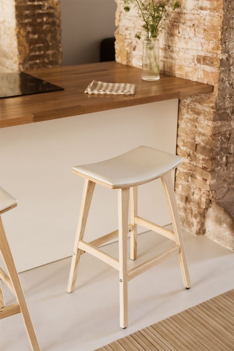 High stool 65 cm in natural finish wood and white faux leather lorete