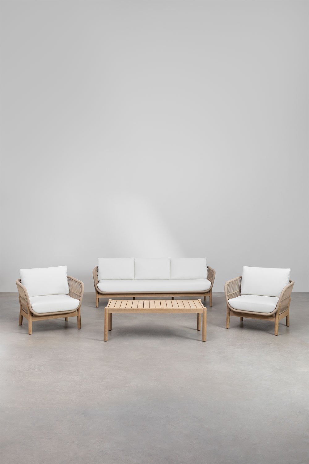 Garden set with 3-seater sofa, 2 armchairs and coffee table in aluminium and acacia wood Karvia, gallery image 2