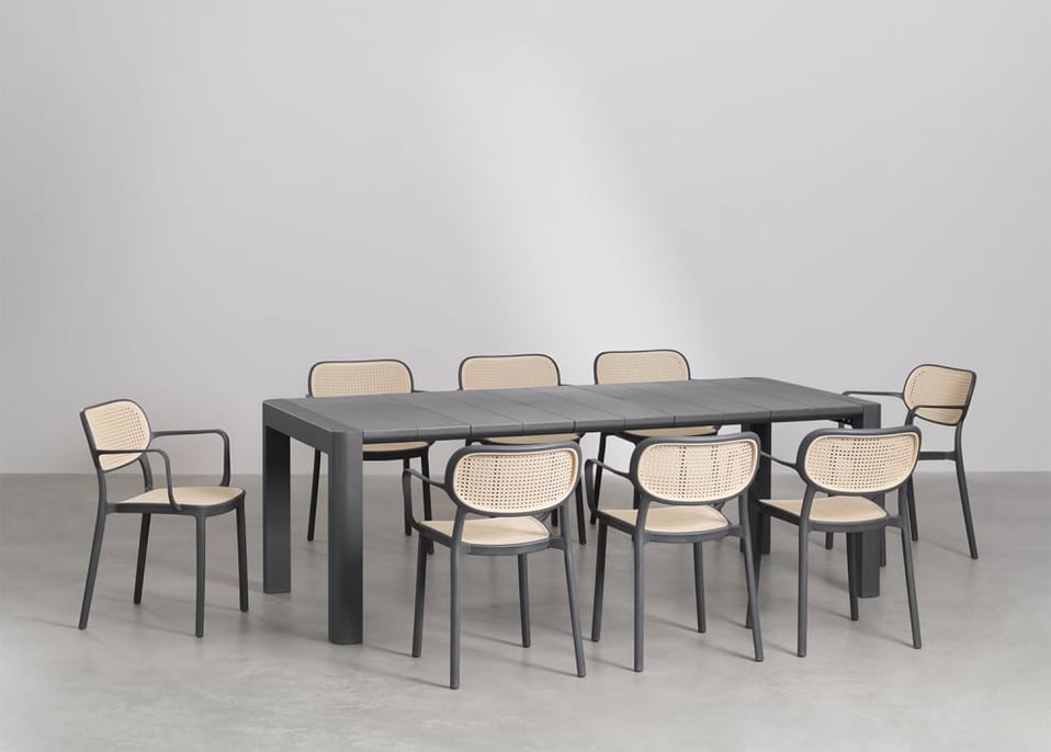 Arnadine Rectangular Table Set (220x100 cm) and 8 Stackable Dining Chairs with Omara Armrests