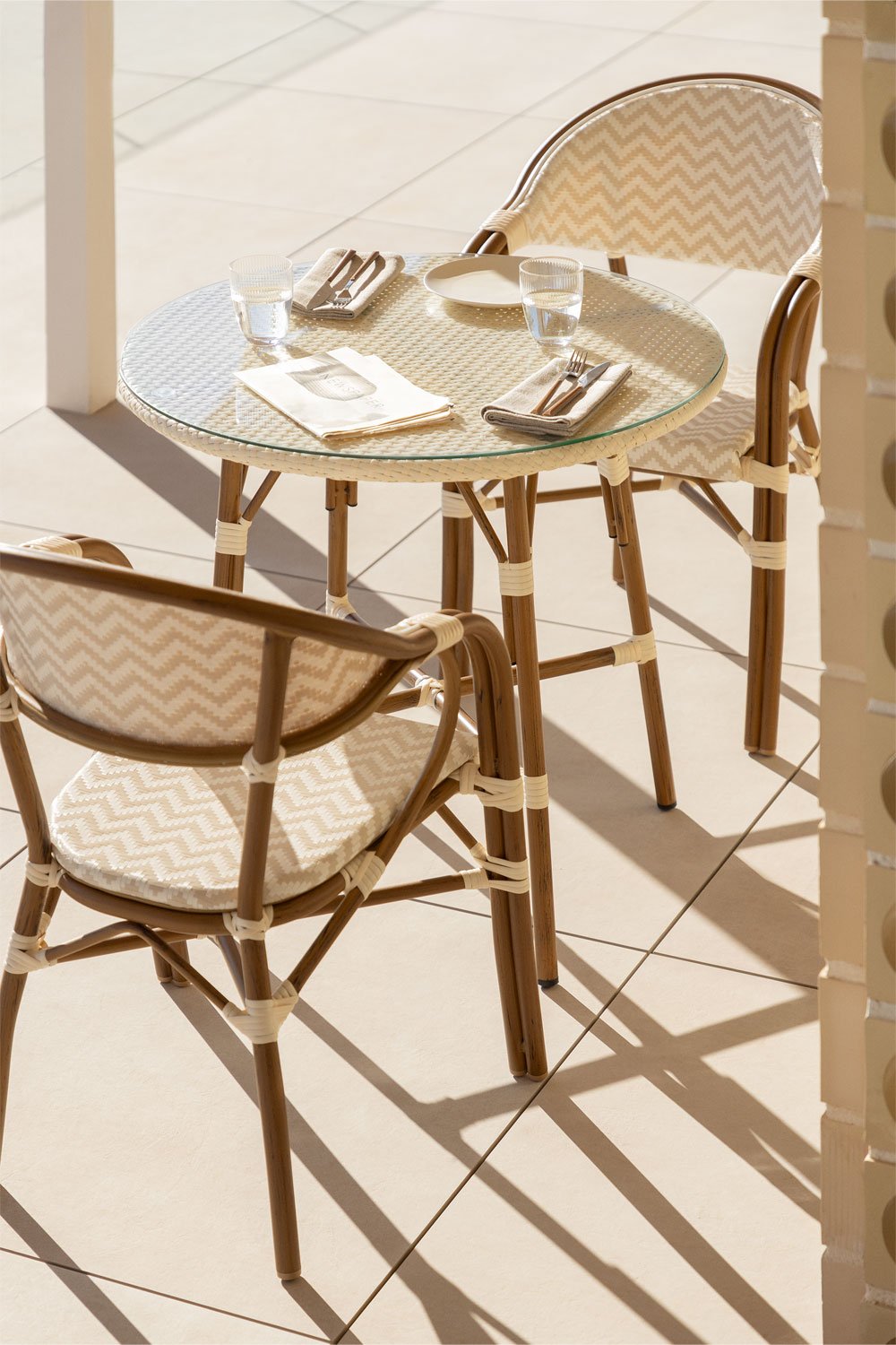 Set of Round Table (Ø80 cm) and 2 Stackable Garden Chairs with Armrests in Aluminum Brielle Bistro, gallery image 1