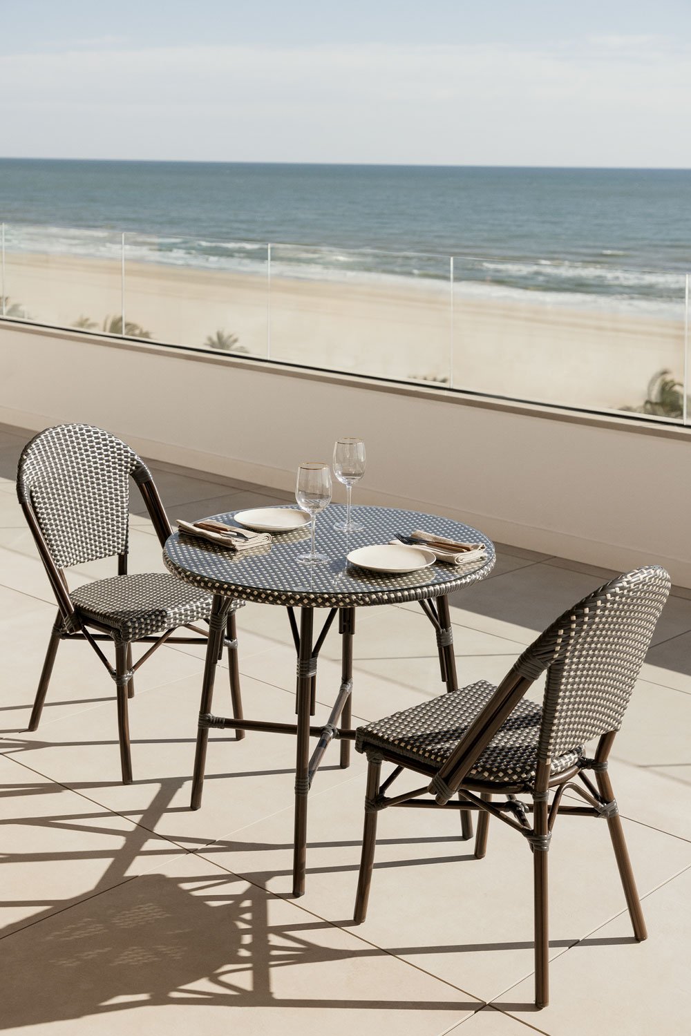 Set of Round Table (Ø80 cm) and 2 Stackable Garden Chairs in Aluminum and Synthetic Rattan Brielle Bistro, gallery image 1