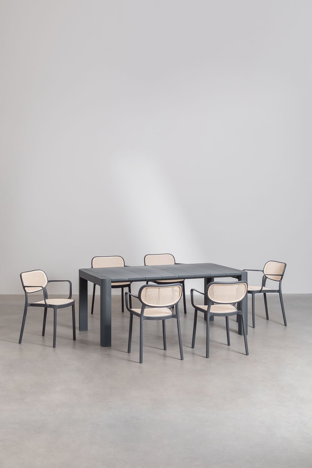 Arnadine Rectangular Table Set (180x100 cm) and 6 Stackable Dining Chairs with Omara Armrests, gallery image 1