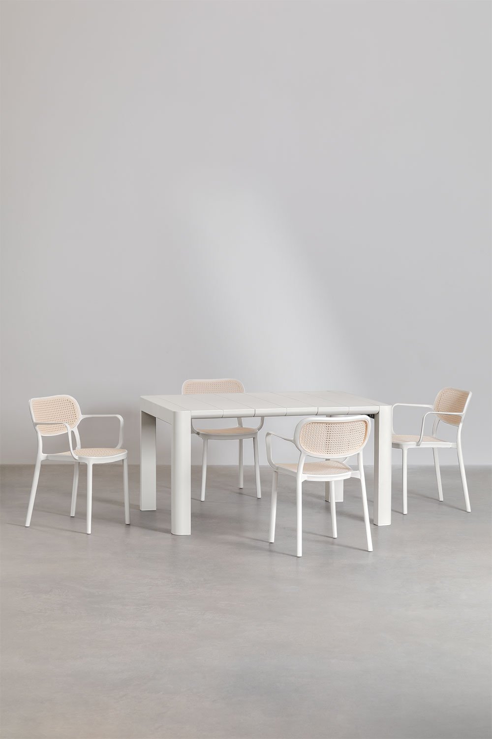 Arnadine Rectangular Table Set (140x100 cm) and 4 Stackable Dining Chairs with Omara Armrests, gallery image 1