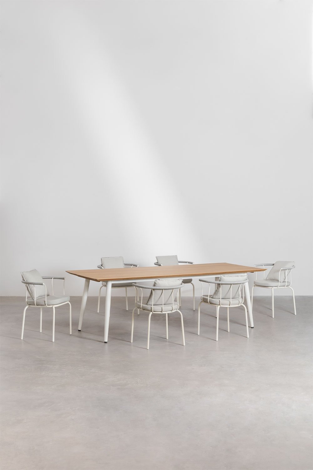 Rectangular Table Set in Teak Wood and Steel (240x100 cm) Lowel and 6 Garden Chairs with Boucid Armrests, gallery image 1