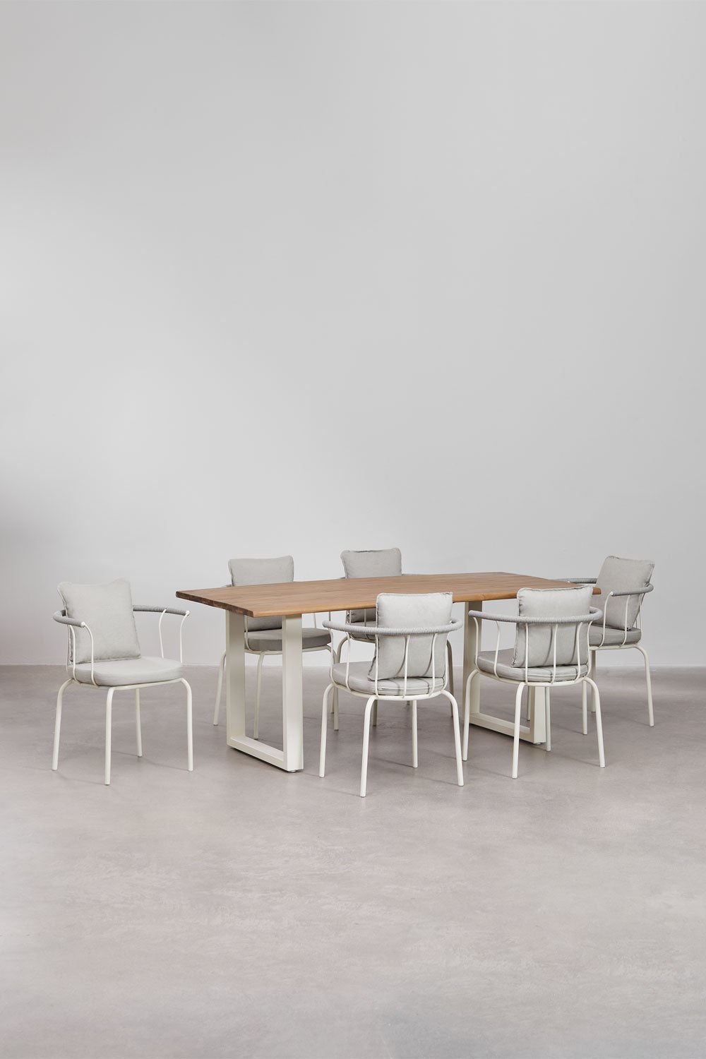 Maupi Rectangular Table Set in Acacia Wood and Steel (180x90 cm) and 6 Garden Chairs with Armrests in Boucid Steel, gallery image 1