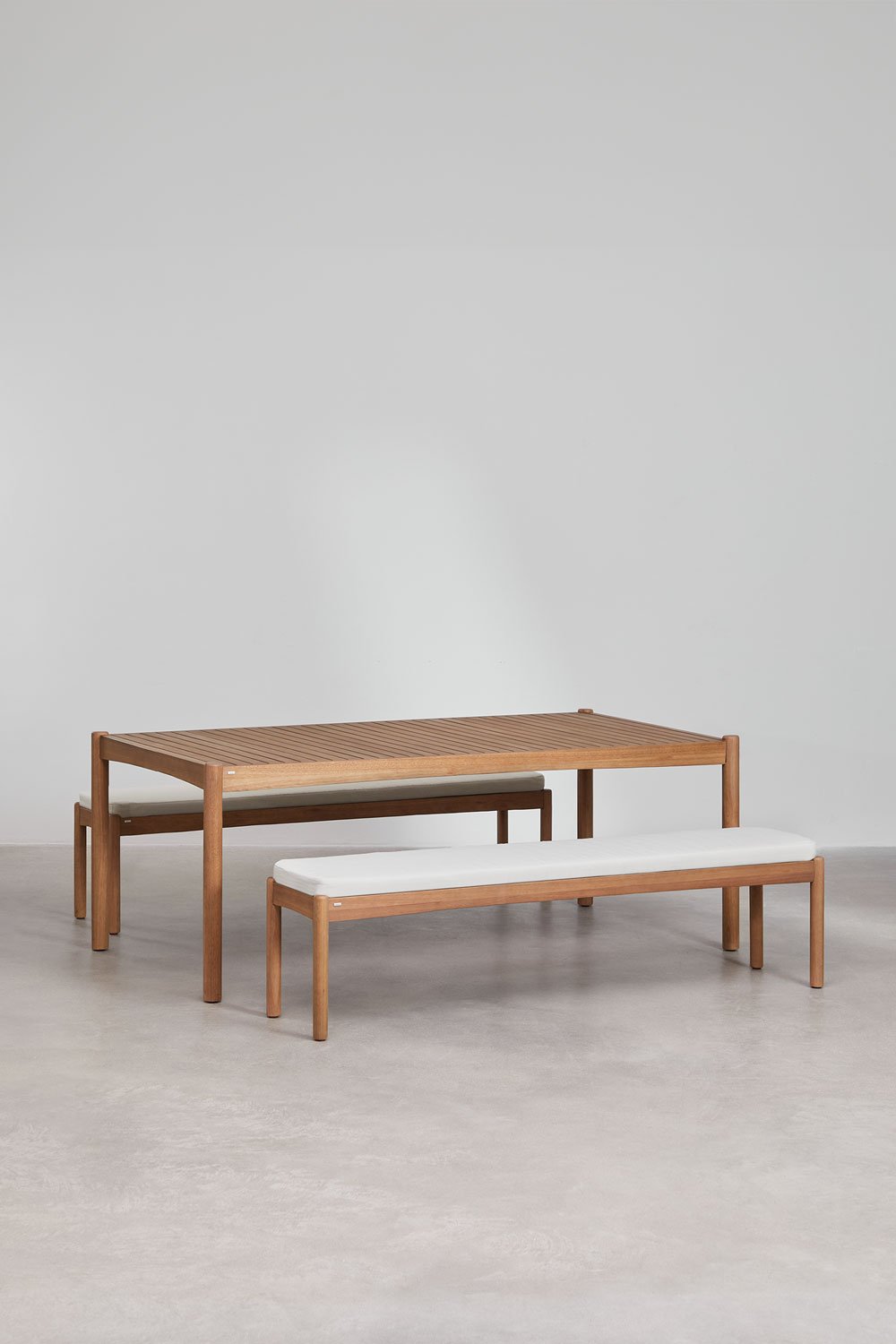 Rectangular table set (200x100 cm) and 2 garden benches in Aderyn eucalyptus wood, gallery image 2