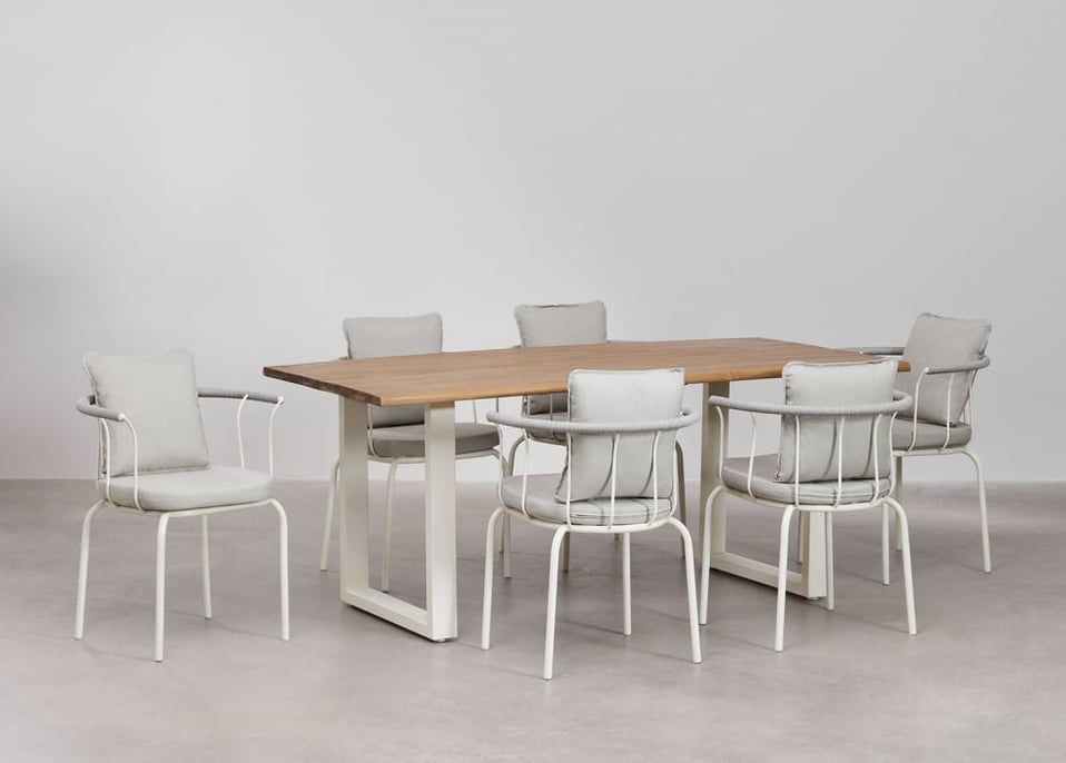 Maupi Rectangular Table Set in Acacia Wood and Steel (180x90 cm) and 6 Boucid Steel Dining Chairs with Armrests