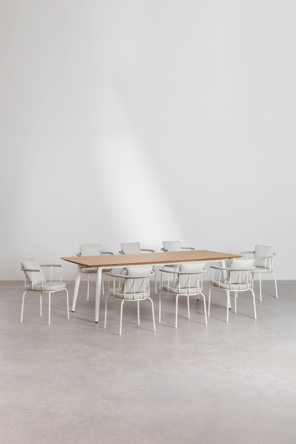 Lowel Rectangular Teak Wood and Steel Table Set (240x100 cm) and 8 Boucid Dining Chairs with Armrests, gallery image 1