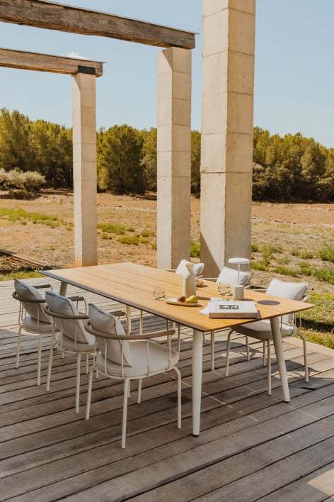 Rectangular Table Set in Teak Wood and Steel (240x100 cm) Lowel and 6 Garden Chairs with Boucid Armrests