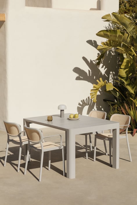 Arnadine Rectangular Table Set (140x100 cm) and 4 Stackable Garden Chairs with Omara Armrests