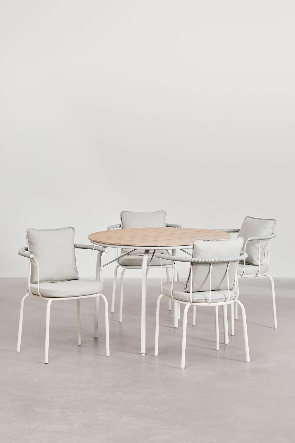 Round Table Set in Aluminum and Acacia Wood (Ø100 cm) Basper and 4 Stackable Garden Chairs in Acero Boucid, gallery image 1