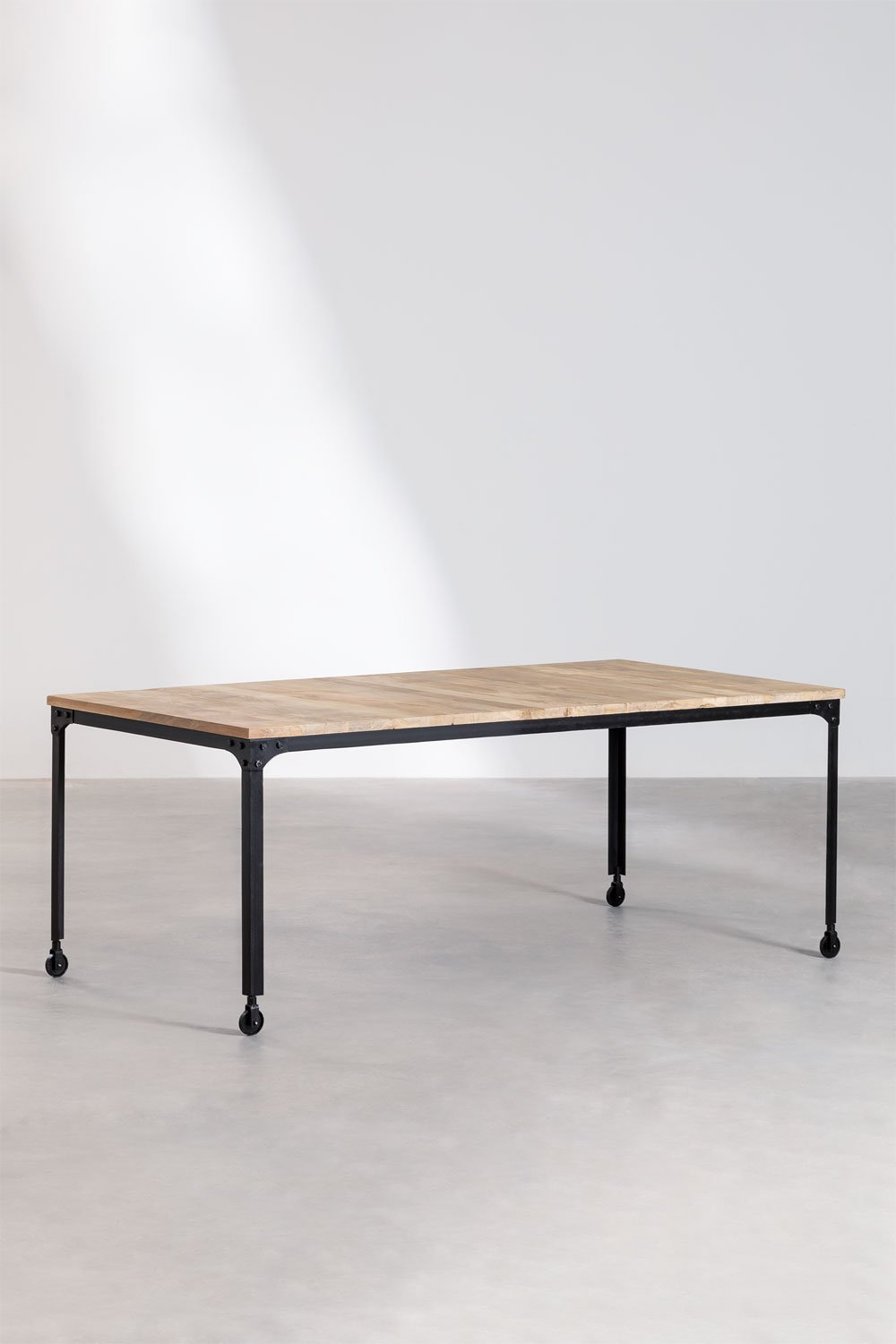 Rectangular dining table with wheels in recycled wood and steel (200x100 cm) Nika, gallery image 2