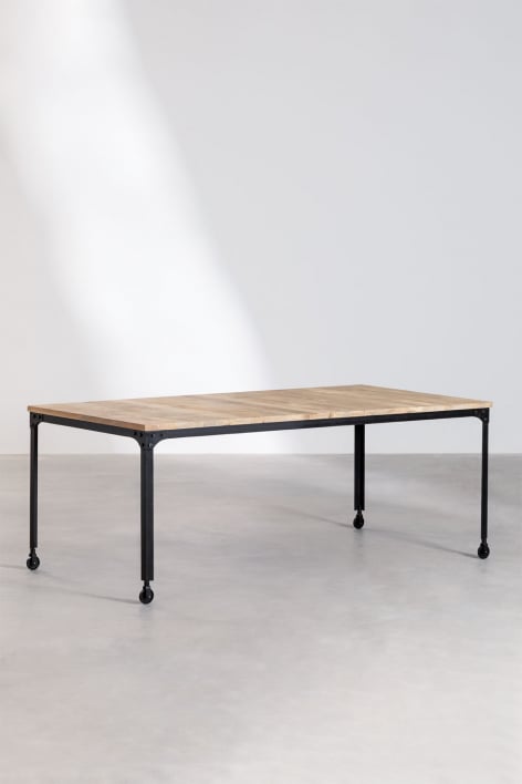 Rectangular dining table with wheels in recycled wood and steel (200x100 cm) Nika
