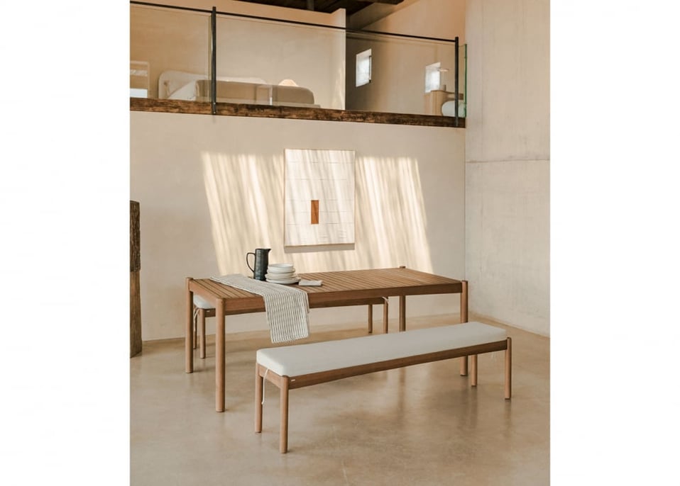 Rectangular table set (200x100 cm) and 2 dining benches in Aderyn eucalyptus wood
