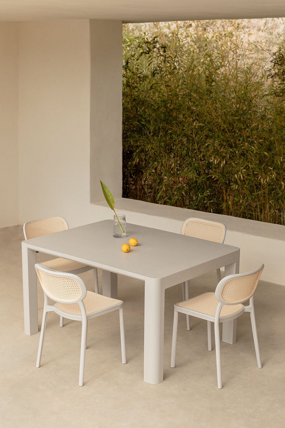 Arnadine Rectangular Table Set (140x100 cm) and 4 Omara Stackable Garden Chairs, gallery image 1