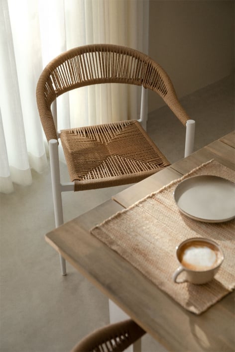 Stackable dining chair with armrests in aluminium and synthetic rattan Amatria